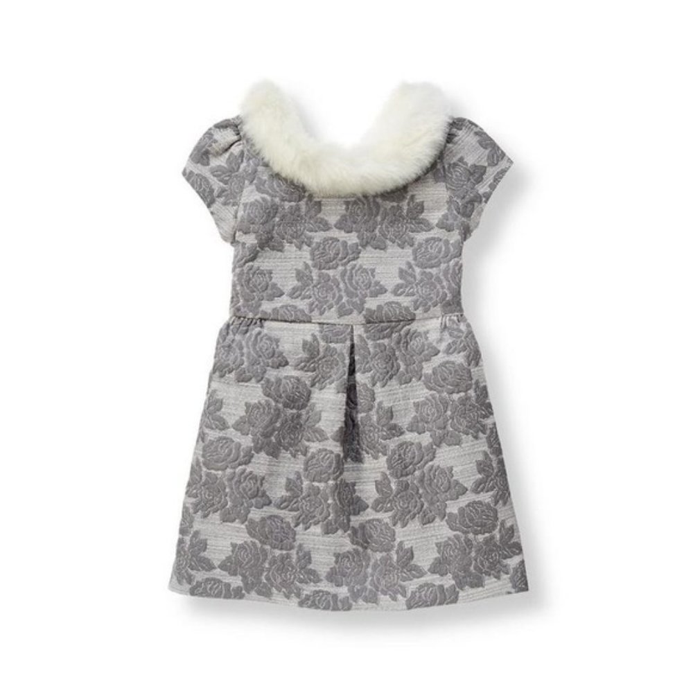 Girl's Size 7 JANIE & JACK Dove Grey, Faux Fur Collar, Floral Jacquard